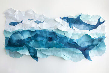 A detailed underwater seascape crafted from paper, featuring a majestic whale and a school of colorful fish in a marine dance.. - obrazy, fototapety, plakaty