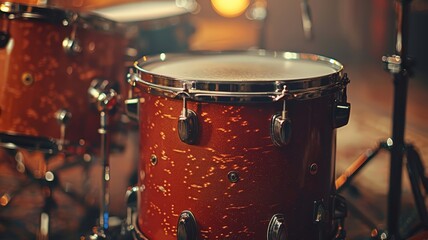 Drummer's perspective of a vibrant red drum kit ready for a live session - obrazy, fototapety, plakaty