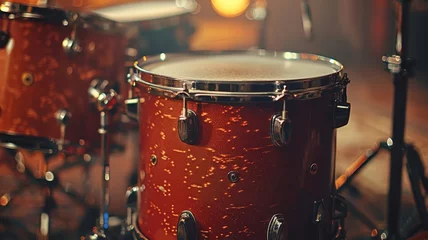 Fotobehang Drummer's perspective of a vibrant red drum kit ready for a live session © rorozoa