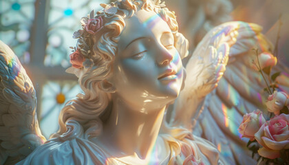 The sculpture of a holy statue of a girl sleeps in the heavenly divine garden, illuminated by the rays of God..