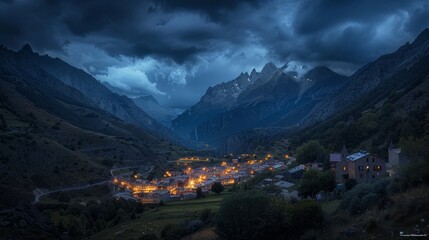 Mountains in Tena valley Huesca Aragon Spain Formigal by night - obrazy, fototapety, plakaty