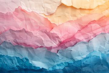 Abstract undulating paper waves in a gradient of pastel colors creating a dynamic and artistic background..