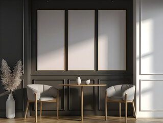 Mockup frame in cosy dining room elegant interior,table and chairs wooden,black white walls,midday,Generative AI