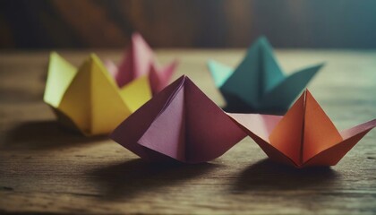 colorful paper origami on wooden table - Powered by Adobe