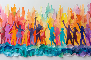 A lively celebration captured in paper art, with multicolored silhouettes of people cheering and...