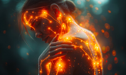 A person touching their shoulder in pain with a glowing representation of inflamed joints, illustrating medical concepts of arthritis or tendonitis