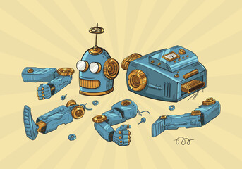 Broken or disassembled  cartoon vintage robot. Pop art retro illustration. Comic book style.