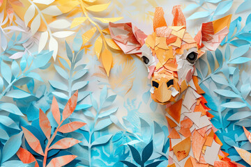 Bright and playful paper craft artwork featuring assorted animal shapes on a yellow background,...