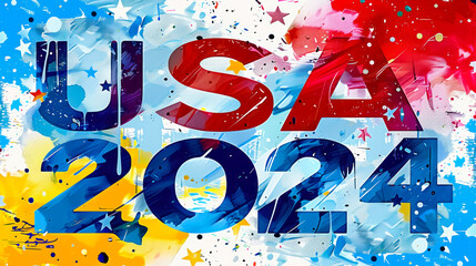 Artistic representation of the USA Election 2024 with a dynamic and patriotic design featuring the American flag colors and stars on a painted background