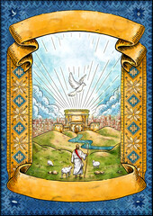 Digital Illustration of Jesus Christ walking with sheep's, a water-colored landscape of biblical Israel, Herod temple. Vintage style icons type Christian book cover art with Ukraine folk elements.