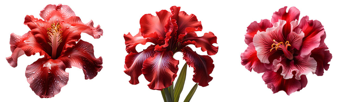 Red iris flower set PNG. Set of red iris flowers isolated. Red iris flower PNG. Red iris flower blooming. Iris flower PNG. Red flower. Iris flower top view PNG. Iris flower flat lay PNG