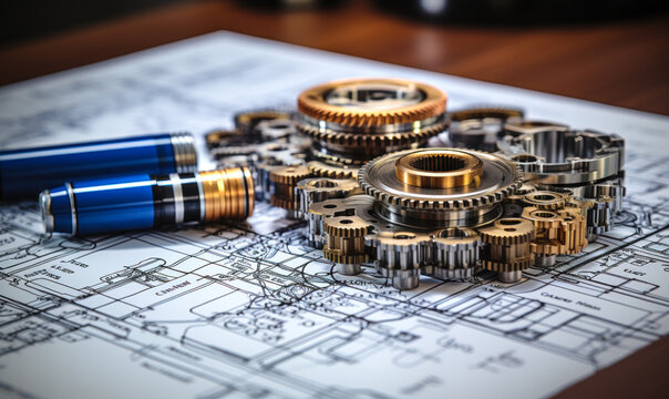 Close-up of engineering drafting tools with a blue pencil on mechanical blueprint, highlighting precision in technical drawing and design planning