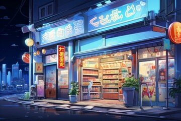 Whimsical Asian shop anime visual novel game. Modern travel. Generate Ai