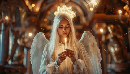 Holy girl angel with wings and a church candle in her hands against the background of the temple of God.