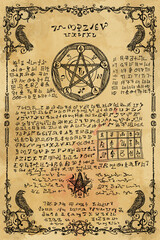Digital Illustration hand drawn. Witchcraft old book with magic spell, wicca and mystic symbols. Vintage Gothic, esoteric and occult old pages, with fantasy letters. Ritual magic Pentagram sigil.