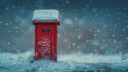 Vintage red postbox in a snowy landscape under a tranquil wintery sky - obrazy, fototapety, plakaty