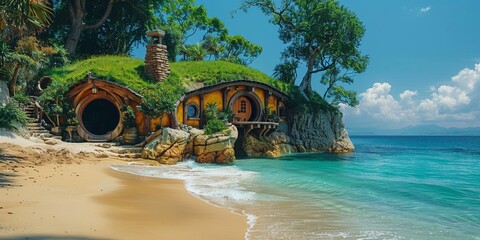 A tranquil stone cottage with green roofing by the pretty shore, offering a relaxing seaside retreat. - obrazy, fototapety, plakaty