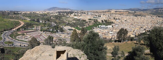 An aerial panoramic view of the city of Fez in Morocco.