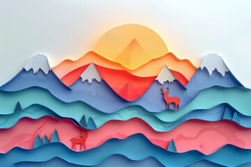 Fototapeta na wymiar Vibrant paper art landscape with red to blue gradient mountain layers, a white deer, and a sunset background..