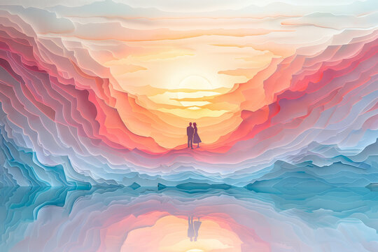 Silhouetted couple sharing a kiss against a vibrant abstract sunset over textured waves, evoking romance and passion.