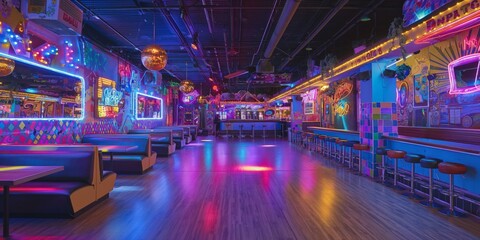 Colorful, empty arcade with neon lights and retro gaming machines