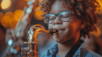 African american boy with afro hairstyle playing the saxophone - obrazy, fototapety, plakaty