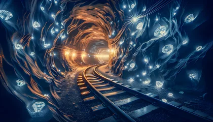 Poster a jewel train treasure riches goldmine diamond ancient underground railway mountain treasury tunnel geology mine cave trolley mineral rock gold valuable glowing crystal gem gemstone mining wealth © DrewTraveler
