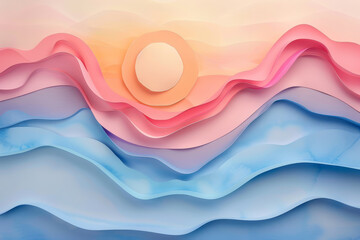 Abstract paper waves in shades of blue and pink under a circular sunset, depicting a serene and...