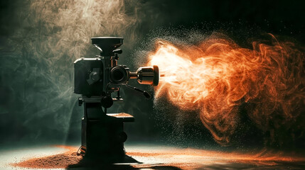 Studio product photography of a coffee grinding machine on a table, with coffee beans, steam rising, shaft of light coming in through window. copy space - obrazy, fototapety, plakaty