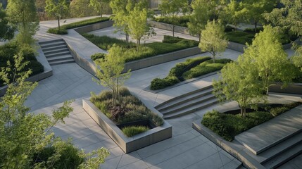 Lush green plants and innovative concrete patterns adorn this contemporary urban park at dusk