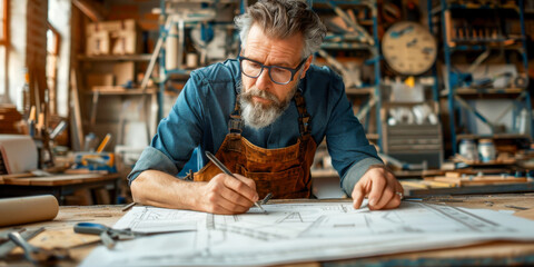 Senior Craftsman Concentrating on Architectural Blueprint in Workshop