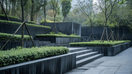 Fototapeta na wymiar Tranquil and peaceful contemporary urban garden landscape with manicured greenery and structured geometric shapes
