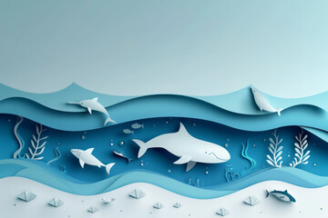 A tranquil ocean scene featuring a narwhal and fish among sea plants, all crafted from layered paper cutouts, in a stylized underwater setting..