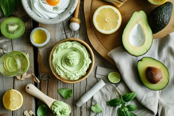 Detail of preparation of natural cosmetics with avocado extract with fruit and cream and tools on...