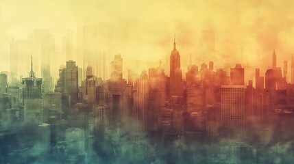 Fototapeta premium Artistic skyline of a city enveloped in a warm, misty haze creates a dreamy urban atmosphere