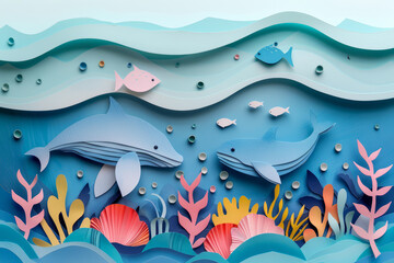 A tranquil ocean scene featuring a narwhal and fish among sea plants, all crafted from layered paper cutouts, in a stylized underwater setting.. - obrazy, fototapety, plakaty