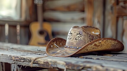 Country music essence captured with a worn hat resting on an aged guitar
