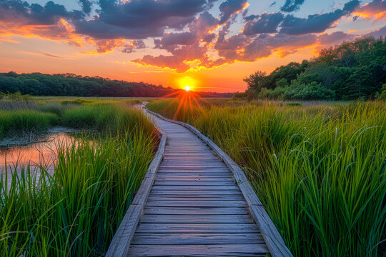 Breathtaking Sunset Over Marsh with Wooden Walkway