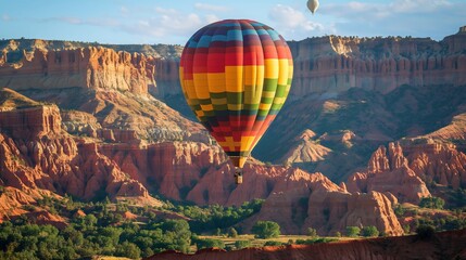 Vibrant hot air balloon floats above a picturesque canyon at sunrise