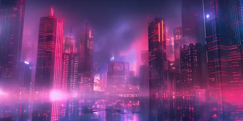 Zelfklevend Fotobehang Sci fi cyberpunk modern city in neon light © Mykhaylo