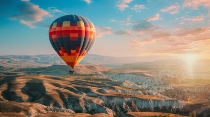 Colorful hot air balloon soaring over unique landscapes at dawn with a beautiful sun flare