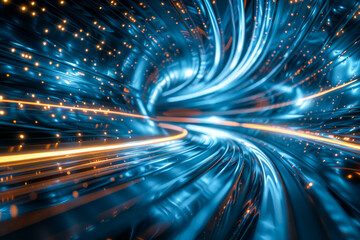 Fototapeta na wymiar Futuristic Blue Fiber Optic Cables with Glowing Lights Tunnel Vision
