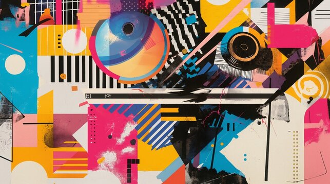 Colorful and vibrant abstract graffiti artwork depicting modern hip hop culture and urban creativity on a street wall mural with bold geometric shapes and contemporary design using spray paint