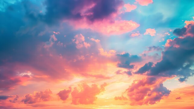 Breathtaking sky at sunset, featuring a blend of pink and blue hues with fluffy clouds