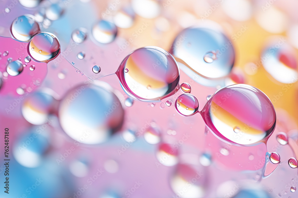 Poster pink holographic bubbles floating on the soft colorful abstract background in beautiful vivid tones.