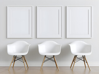 Black painted wooden frame mockup close up on white wall,chairs wooden white,Generative AI