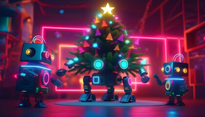 A Christmas tree with a robot wearing sunglasses and holding presents