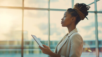In a corporate setting, an African businesswoman confidently uses a tablet during a work meeting.