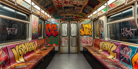 Colorful graffiti adorns the interior of an empty subway car, showcasing urban art in public...