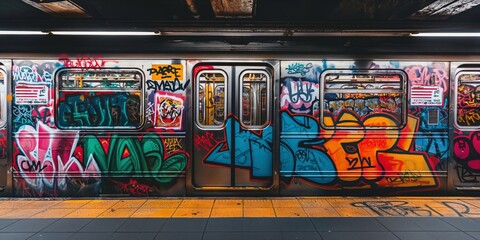 Naklejka premium Vibrant graffiti-covered subway train parked at a station, showcasing urban street art